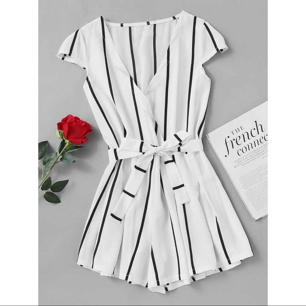 Striped Surplice Tie Waist Romper